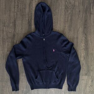 Ralph Lauren Navy Blue Knit Hoodie with Pink Pony Logo